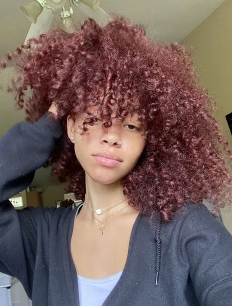 Cherry Chic: Trendy Hairstyles That Accentuate Your Red Tresses Short Curly Dyed Hair Black Women, Burgandy Hair Curly Hair, Dark Red Natural Hair, Cherry Red Curly Hair, Hair Dye Ideas For Curly Hair, Dark Red Curly Hair, Curly Colored Hair, Violet Red Hair, Curly Dyed Hair