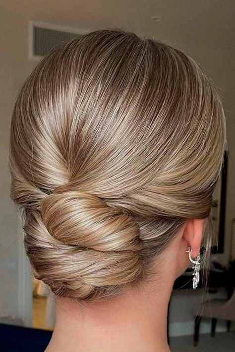 Swept Back Wedding Hairstyles For Your Special Bride Look ★ Low Bun Hair Piece, Low Simple Bun Wedding, Modern Low Bun Wedding, Wedding Hair Updo Classic, Low Chignon Bun Wedding, Grace Kelly Wedding Hair, Bridal Hair Classic Low Buns, Bridal Updos For Long Hair Front View, Classy Bridal Hairstyles