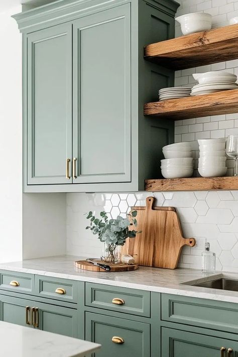 Why Everyone's Obsessed with Green Kitchen Cabinets Right Now! Small Kitchen Storage Hacks, Light Green Kitchen, Olive Green Kitchen, Sage Kitchen, Green Kitchen Designs, Sage Green Kitchen, Green Kitchen Cabinets, Kitchen Colour Schemes, Green Cabinets