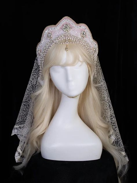 Dark Blue Crown, Crown With Veil, Veiled Girl, Era Victoria, Pink Crown, Blue Crown, Classic Lolita, Headpiece Jewelry, Princess Crown