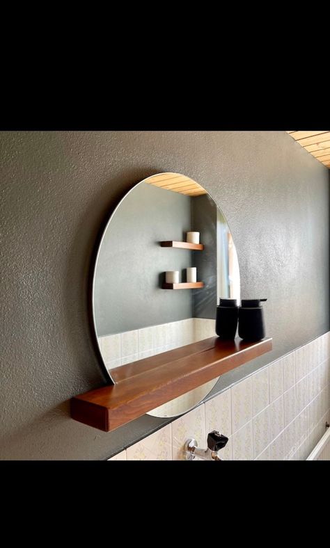 Mirror With Shelf Underneath, Shelf And Mirror, Shelf Mirror, Minimalist Mirrors, Bathroom Mirror With Shelf, Log Home Interiors, Modern Shelf, Mirror Design Wall, Mirror With Shelf