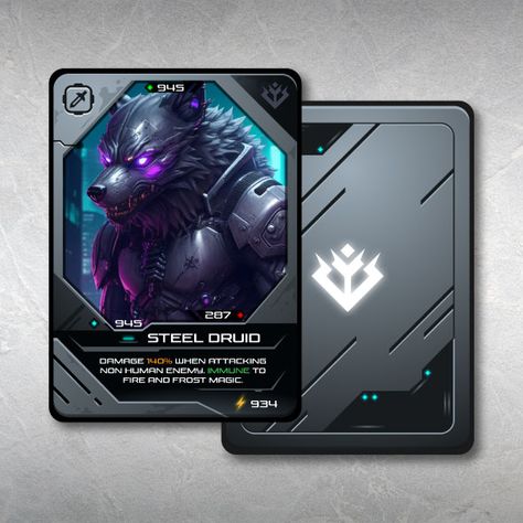 Metal Trading Card Game Template. Best for robotic, futuristic, cyberpunk and any hi-tech themes. Cyberpunk Card Design, Futuristic Card Design, Back Of Card Design, Card Game Design Templates, Trading Card Game Design, Trading Cards Design, Trading Card Design, Card Game Template, Card Game Design