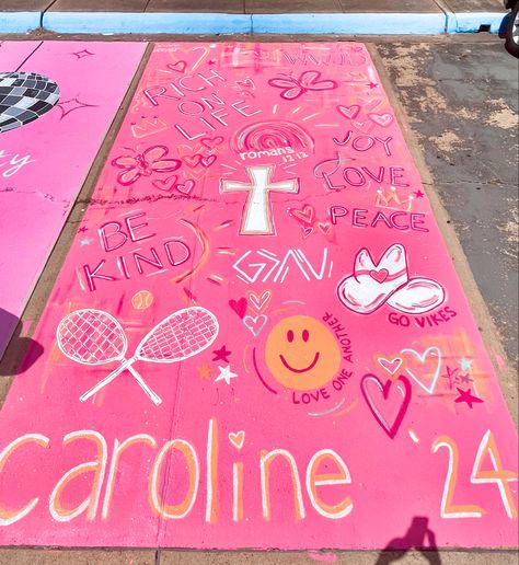 fun pink orange tennis jesus heart fabulousness Jesus Parking Spot Painting, Senior Parking Spot Inspiration, Pink And Orange Parking Spot, Pink Parking Spot Ideas, Senior Parking Spaces Preppy, Senior Parking Spaces Jesus, Jesus Senior Parking Spot, Senior Parking Spaces Zach Bryan, Bow Parking Spot