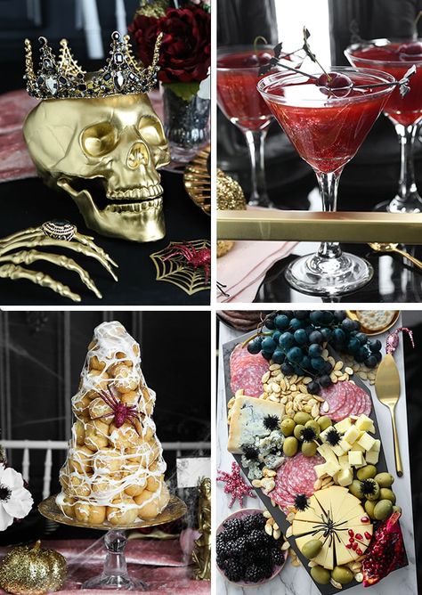 Classy Halloween Food Ideas, Glam Creepy Halloween Party, Glam Halloween Party Decor, Black Tie Halloween Party, Halloween Party Elegant, Ghouls Just Want To Have Fun Party, Extravagant Halloween Party, Upscale Halloween Party, Classy Halloween Party Food