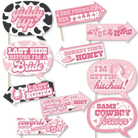 If you are going to have a Pink Cowgirl Bachelorette Party, then having these Funny Big Dot of Happiness Last Rodeo photo props is a must. Our photo prop kit will help you easily create fun party photos at your party. The photo booth prop kit comes with 10 pieces and is ready for quick assembly. Simply add the included prop kit sticks to each prop, attaching with the included clear stickers, and display alongside a fun photo booth backdrop. Your party guests will enjoy using the accessories to liven up your photos! Pink Cowgirl Bachelorette Party, Pink Cowgirl Bachelorette, Bachelorette Party Photo Booth Props, Bachelorette Party Photo Booth, Western Party Decorations, Cowgirl Bachelorette Party, Funny Photo Booth, Bachelorette Party Photo, Diy Photo Booth Props