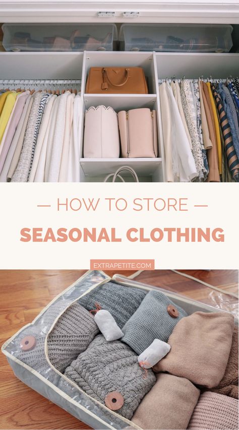 how to store seasonal clothing // on the blog: How to properly clean and store knit sweaters + winter boots to prevent pests, moisture and odors. Plus, the best bins, bags, cedar sachets and more to keep your wardrobe safe in storage. Sweater Storage Small Closet, Closet Folded Clothes Storage, Seasonal Closet Storage Ideas, Clothes Storage In Closet, Clothes Storage Organization, Storage For Seasonal Clothes, Seasonal Clothes Organization, Long Term Clothing Storage, Out Of Season Clothing Storage