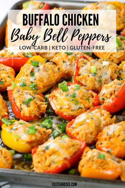 Baby bell peppers loaded with shredded chicken in a zesty buffalo sauce, melted cream cheese, and sharp cheddar cheese.  A tangy and delicious appetizer or a low-carb, gluten-free meal. #TasteAndSee Buffalo Chicken Bell Pepper Nachos, Buffalo Chicken Dip Bell Peppers, Buffalo Chicken Dip Peppers, Keto Mini Bell Pepper Recipes, Meal Prep With Bell Peppers, Bell Peppers Snack Ideas, Chicken Stuffed Mini Sweet Peppers, Stuffed Bell Peppers Snack, Low Carb Chicken Appetizers