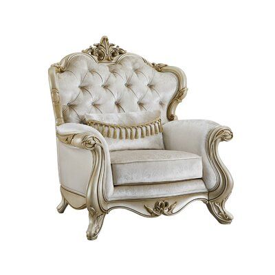 Glorify your home by adding this hand-crafted design Chair, constructed with wood. It is upholstered in fabric, features a button tufted wing back with a crown top. The elegant carved rolled arms and cabriole legs will create an elegant, warm, and traditional taste in your living room. | Armchair - Rosdorf Park Nord 114.3Cm Wide Tufted Armchair Wood / Fabric in Brown / Gray / White, Size 45.0 H x 45.0 W x 40.0 D in | Wayfair Champagne Chairs, New Classic Furniture, Blue Armchair, Furniture Dimensions, Fabric Chair, Tufted Arm Chair, Rowe Furniture, Tufted Chair, Linen Armchair