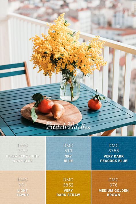 Light Blue And Gold Color Palette, Stitch Palette, Dark Peacock Blue, Dark Academia Color Palette, Stitch Palettes, Palette Table, Medium Golden Brown, Balcony View, Red Bank