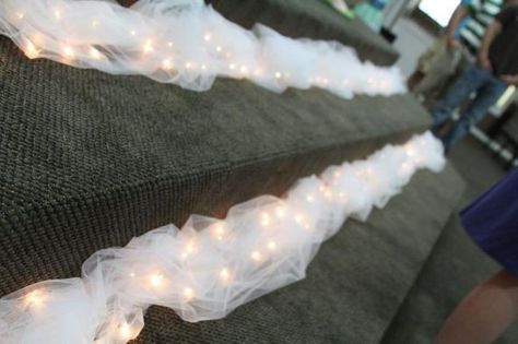 Tulle Garland With Lights, Tulle Fairy Lights Wedding, Fairy Lights Under Cheesecloth, Tulle Wedding Aisle, Tulle With Lights, Organza Decorations Wedding, Tulle And Fairy Lights, Wedding Aisle Decorations Indoor, Diy Dance Floor