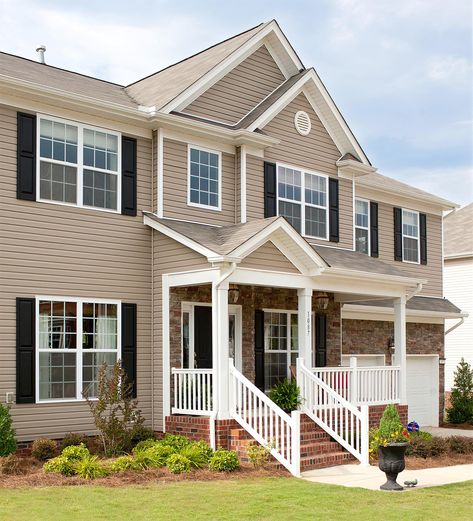 Neutral Exterior Paint Colors House Shutter Colors, House Siding Options, Exterior Siding Options, Exterior House Siding, Tan House, Siding Repair, Shutter Colors, Siding Options, Black Shutters