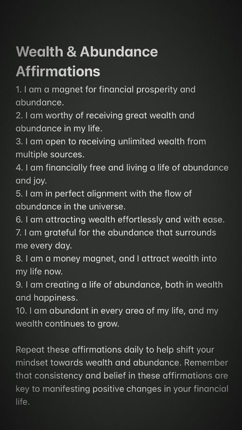 Repeat affirmations daily. The key is to feel it in your bones that this is your current reality. Vision Board Wealth, Affirmations For Wealth, King Midas, Money Vision Board, Law Of Assumption, Wealth Abundance, Healing Affirmations, Wealth And Abundance, Money Magnet