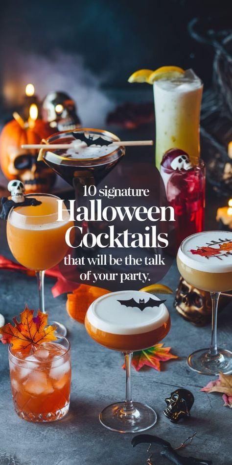 "Get ready to impress your guests with these 10 Signature Halloween Cocktails that will be the talk of your party! From spooky drinks to festive beverages, these Halloween party recipes are perfect for setting the mood. Explore creative cocktail ideas that combine eerie aesthetics with delicious flavors, ensuring your celebration is both fun and memorable. Elevate your Halloween festivities with these must-try Halloween cocktails!" Halloween Dessert Cocktails, Halloween Apple Drinks Alcohol, Fun Halloween Cocktail Recipes, Halloween Cocktail Aesthetic, Orange Cocktails Halloween, Classy Halloween Cocktails, Spooky Cocktails Drink Recipes, Spiked Drinks For Parties, Halloween Themed Cocktail Recipes