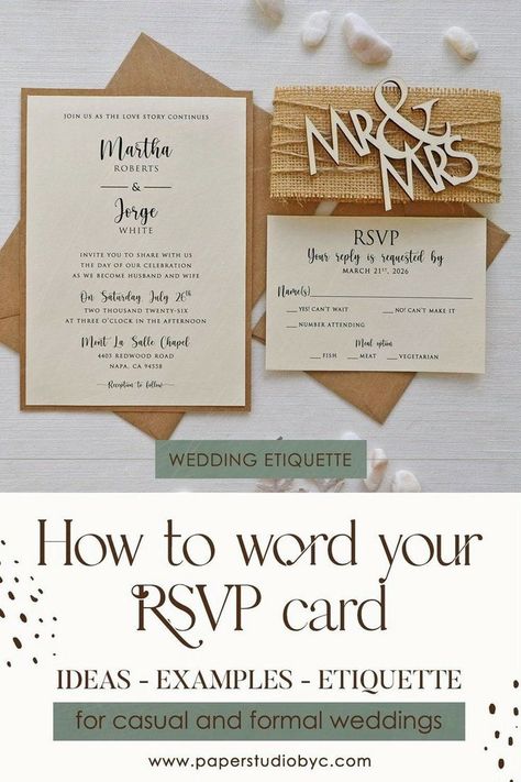 Are you stuck on what to write for your wedding RSVP cards? Finding the right wording that expresses the tone, style, and formality of your wedding can be hard. From examples of formal wedding invitations to destination weddings to alternative wording ideas, we have all the information you need to choose the right RSVP card message. Find more ideas here and let your guests know how to respond to your wedding invite! Wedding Rsvp Wording, Wedding Planning Checklist Timeline, Rsvp Wording, Ultimate Wedding Planning Checklist, Wording Ideas, Non Traditional Wedding Ring, Wedding Etiquette, Weddings By Color, Personalised Wedding Invitations