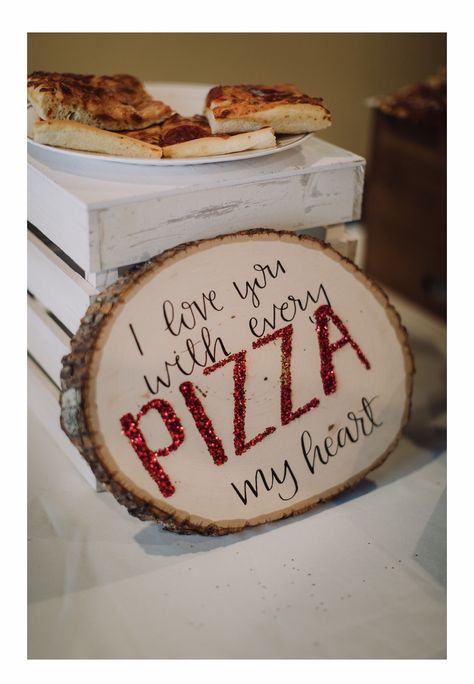 Diy Pizza Stand Wedding, Pizza And Beer Wedding, Pizza And Wings Before The Rings Decorations, Pizza For Wedding Reception, Pizza Wedding Sign, Pizza Rehearsal Dinner Decorations, Pizza And Wings Before The Rings, Pizza At Wedding Reception, Pizza Wedding Reception Ideas