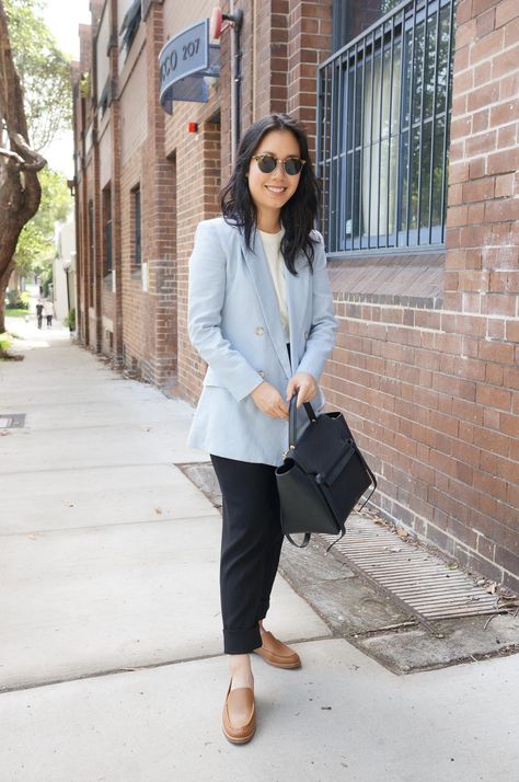 woman wearing light blue blazer and everlane modern loafers in camel featured in blog post about review Light Blue Loafers Outfit Women, Light Blue Blazer Outfits For Women Work, Blue Loafers Outfit Women, Light Blue Blazer Outfits For Women, Light Blue Blazer Outfit, Blazer Outfits For Women Work, Blue Blazer Outfits For Women, Loafers Outfit Women, Sky Blue Blazer