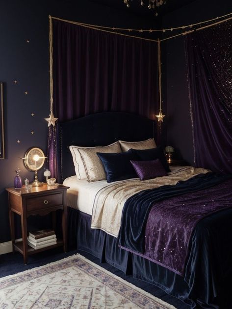 Goth Bedroom Ideas, Academia Bedroom, Dark Blue Bedrooms, Goth Bedroom, Boho Bedroom Design, Dark Bedroom, Dark Home Decor, Bed Design Modern, Romantic Bedroom