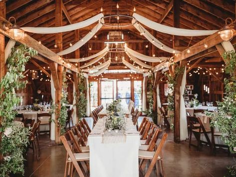 Chandelier In Barn, Barn Draping Wedding, Barn Reception Decorations, Christmas Barn Wedding, Classy Barn Wedding, Nh Wedding Venues, Rustic Barn Wedding Reception, Wedding Barns, Fall Wedding Venues