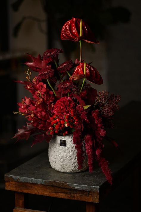 Red Floral Arrangements Modern, Red Flower Arrangements Table, Monochromatic Floral Arrangements, Creative Flower Arrangements Unique, Red And White Flower Arrangements, Valentines Florals, Chinese New Year Flower Arrangement, Red Floral Arrangements, Anthurium Arrangement