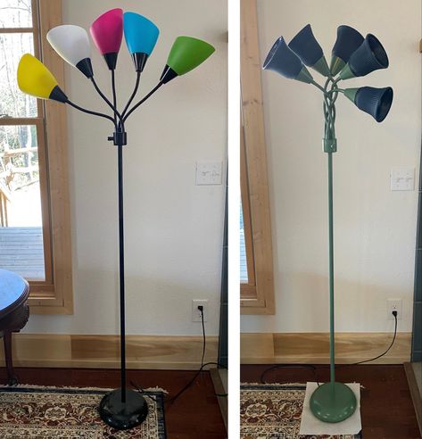 Painted Floor Lamp, Floor Lamp Makeover, Color Floor Lamp, Lamp Makeover, Metallic Spray Paint, Head Color, Painted Floor, Metal Floor Lamps, Headlamp