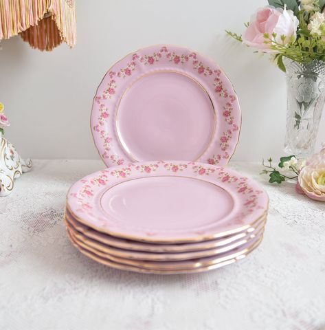 "Pink porcelain dessert plate set for 6. Pink porcelain dish from LL with pink and white floral decorations and 24 karat gold. Plate set includes: 6 x Dessert plate 19 cm/ 7.5\" (diameter) All items of the set are in excellent condition, with no chips or cracks, some tracks of use (please see pictures).   Unique Slav pink porcelain. This exclusive kind of porcelain has been manufactured in Slavic Europe since 1811. Original pink porcelain is made by adding a special dye substance to porcelain mass, before the firing process and precisely mixed until it achieved pink color. Afterwards, product is glazed with transparent glaze. This technique gives a real pink porcelain, contrary to other producents, who usually are putting pink glazing on regular white porcelain. That kind of porcelain has Pink China Dishes, Cute Dishware, Aesthetic Dishware, Cute Dishes Sets, Pink Crockery, Dinnerware Sets Unique, Cute Plates, Unique Kitchen Items, Pink Kitchen Decor