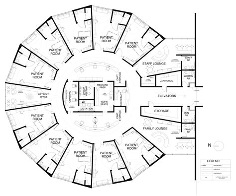 2. Using rearrange from SCAMPER, the design of the hallway could be changed from rectangular to a circular design with the nurses station centered in the middle as the picture above. This will allow me to see all of my residents from one centralized area, helping to prevent falls. Home Office Design Layout, Hospital Floor Plan, Hospital Design Architecture, Hospital Plans, Medical Furniture, Office Floor Plan, Medical Office Design, Hospital Architecture, Nurses Station