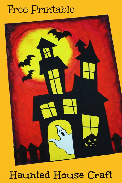 Free DIY Printable Haunted House Craft #Halloween #KidsCraft #Craft #FreePrintable #Printable #PrintableCraft #HalloweenCraft #HauntedHouse #HauntedHouseCraft Halloween Art Haunted House, Haunted House Kids Craft, Haunted House Silhouette Printable, Free Haunted House Printable, Haunted House Craft Preschool, Haunted House Template Free Printable, Haunted House Crafts For Kids, Haunted House Art Project, Haunted House Cartoon