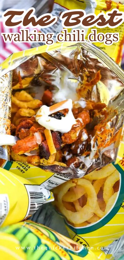 Chili Cheese Dog Wraps, Chili Dog Toppings, Walking Chili Cheese Dog, Walking Chili Fritos, Walking Taco Ideas, Walking Snacks In A Bag, Walking Meals In A Bag, Walking Food Ideas, Brewery Decorations