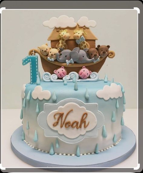 Noah’s Ark Birthday Cake, Noah Ark Cake, Noahs Ark Decorations, Noahs Ark Cake, Noahs Ark Party, Noahs Ark Theme, Noahs Ark Baby Shower, Boys 1st Birthday Party Ideas, Baptism Cake