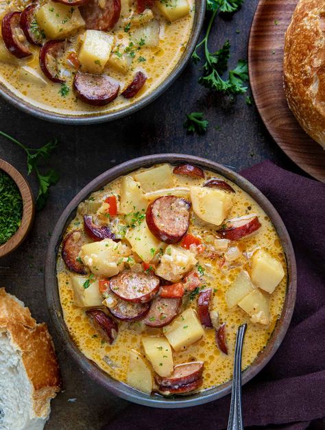 Dinner With Ingredients You Have, Healthy Soup Dinner Recipes, Cajun Potato Soup Recipe, Andouille Sausage Soup Crockpot, Potato Soup With Mushrooms, Chicken Sausage Potato Soup, Creamy Cajun Potato Soup, Vegetable Sausage Soup, Healthy Movie Night Dinner