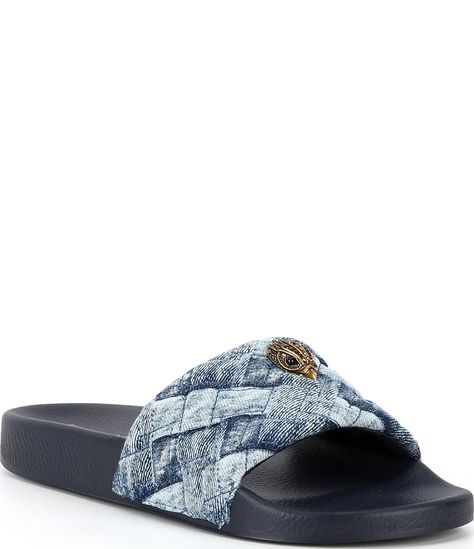 From Kurt Geiger London, the Meena Eagle Ornament Quilted Denim Pool Slides feature:Denim fabric upperEagle head ornamentSlip-on stylingFabric liningSynthetic outsoleImported. Kurt Slides, Kurt Geiger Slides, Kurt Sandals, Kurt Geiger Shoes Outfit, Denim Slides, Quilted Denim, Outfit Pieces, Pretty Sandals, Flat Mules