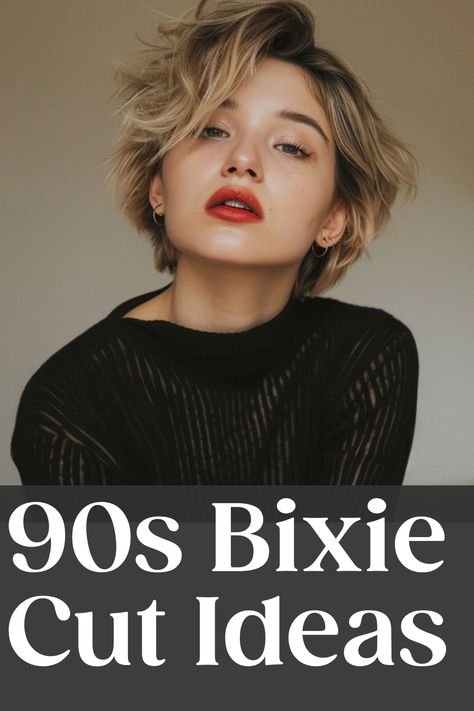 Woman with wavy, short blond hair and red lipstick wearing a black top, promoting 90s Bixie Cut Ideas. Shaggy Short Bob Hairstyles, Bixie 90s Haircut 2024, "bixie" Bob, 90s Grunge Haircut Short, 90s Long Pixie, How To Style 90s Bixie, Retro Pixie Haircut, Flamboyant Natural Hairstyle, French Cut Hairstyle For Women