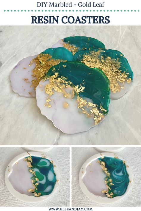 Learn how to make DIY resin coasters with gold leaf! This is a beginner level epoxy resin craft using geode resin molds to make unique DIY coasters. This tutorial lists all the supplies and instructions for completing a set of 4 DIY marbled resin coasters. DIY coasters are the perfect adult craft idea and everyone can make unique coasters with a few supplies. #DIYcoasters #resincrafts Diy Marble Coasters, Epoxy Geode Art Diy, Creative Epoxy Ideas, How To Resin Coasters, Cute Resin Coasters, How To Make Epoxy Coasters, Marble Resin Coasters, Epoxy Smola Ideas, Epoxy Molds Diy