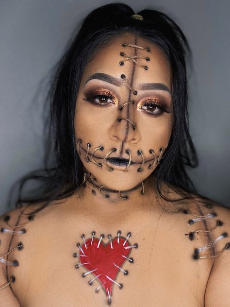 Voodoo Doll Costume Makeup, Voodoo Doll Makeup Halloween, Voodoo Makeup Woman, Caricature Practice, Voodoo Doll Makeup, Voodoo Makeup, Crazy Halloween Makeup, Voodoo Doll Costume, Voodoo Costume