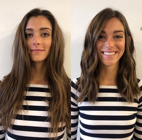 Lob Haircut Before And After Long Bobs, Long Mid Haircut, Women’s Medium Long Haircut, Long Bob Mom Haircut, Midlength Haircuts With Side Part, Collarbone Length Hair Thick Wavy, Long Lob Brunette, Easy Long Haircuts For Moms, Hair For Moms In Their 30s