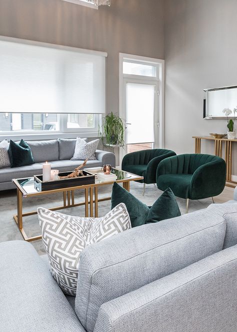 Grey Couch And Green Pillows, Grey With Accent Color Living Room, Emerald Pillows Living Rooms, Velvet Green Living Room Ideas, Gray Gold Green Living Room, Gold Green Grey Living Room, Emerald Chair Living Room, Emerald Green Living Room Accents, Couch With Accent Chairs Modern