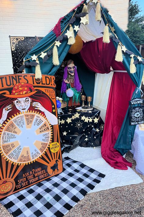 Fortune Teller Box Diy, Fortune Teller Halloween Scene, Psychic Trunk Or Treat, Fortune Teller Booth Ideas, Fortune Teller Table Decorations, Fortune Teller Party Ideas, Plus Size Fortune Teller Costume Diy, Fortune Teller Halloween Decor, Halloween Fortune Teller Booth