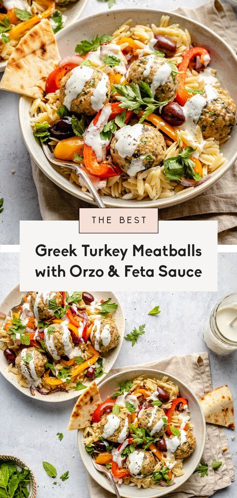 Turkey Meatball Meals Healthy, Health Turkey Recipes, Tiegan Gerard Recipes, Greek Turkey Meatballs With Spinach And Feta, Turkey Feta Meatballs And Lemon Crema, Greek Turkey Meatballs Meal Prep, Greek Bowls Ground Turkey, Turkey Meatball Rice Bowl, Turkey Meatballs Bowl