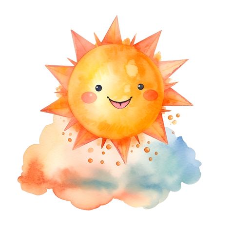 Happy Sun Clouds Watercolor Clipart AI Generated Sun Watercolor Painting, Sunshine Clipart, Sun Cartoon, Clouds Watercolor, Sun And Moon Art, Sun Clipart, Sun Watercolor, Woodland Animal Wall Art, Artsy Background