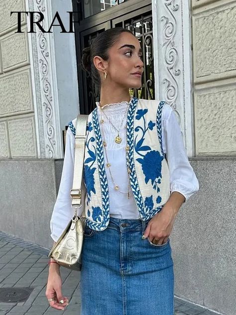 TRAF 2024 Women Fashion Floral Embroidery Vest Vintage Sleeveless Waistcoat Ouertwear Female Streetwear Chic Vests Tops - AliExpress Waistcoat Women, Vintage Floral Embroidery, Vest Tops Women, Dirndl Outfit, Waistcoat Woman, Y2k Summer Outfits, Streetwear Chic, Floral Vests, Barbie Mode