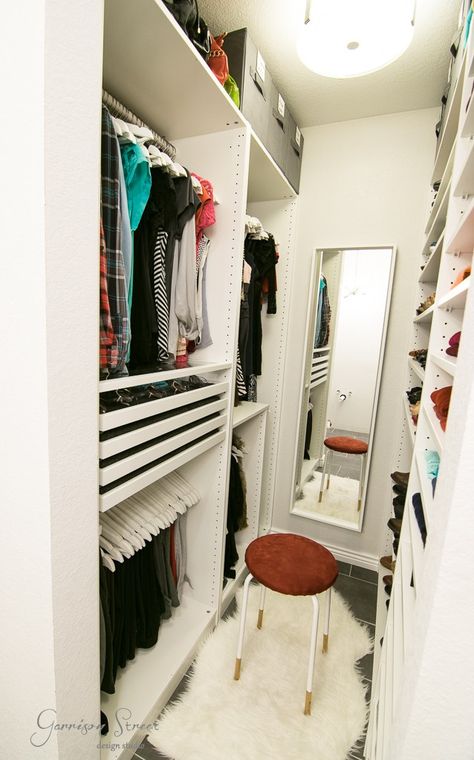 Small Walk-In Closet PAX Big Storage | Garrison Street Design Studio Pax Small Walk In Closet, Closet Measurements Guide, Diy Walk In Closet Small, 5ft Wide Walk In Closet, Slim Walk In Closet, Ikea Pax Small Walk In Closet, Small Walk In Closet Decor, Small Pax Closet, Small Bedroom With Walk In Closet