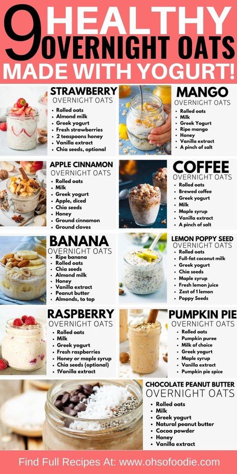 Text reads 9 Healthy Overnight Oats Made With Yogurt! Yogurt Oats Overnight, Oatmeal Recipes With Yogurt, 200 Calorie Overnight Oats, Sugar Free Overnight Oats In A Jar, Overnight Oats Recipe No Chia Seeds, Overnight Oats With Flax Seed, What To Eat With Yogurt, Overnight Oats In A Jar Healthy, Overnight Oats Pregnancy