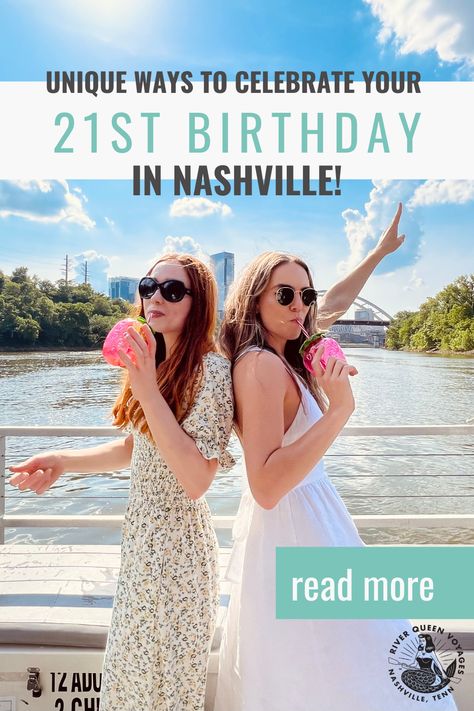 Two women sipping from party cups and posing at the front of the RQV Pedal Pontoon cruising into Downtown Nashville Nashville Birthday Party Favors, 21st Birthday Ideas In Nashville, Nashville Sweet 16, 21st Birthday Nashville Itinerary, 21st Bday In Nashville, Things To Do In Nashville For 21st Birthday, Nashville Birthday Party Ideas, 21st Birthday Nashville Theme, Nashville Tennessee 21st Birthday