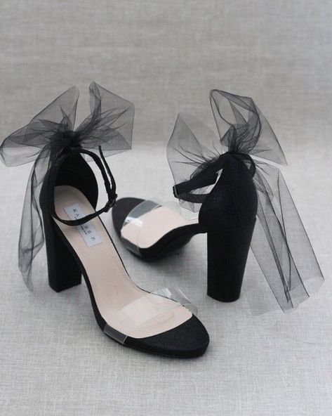 Evening Shoes Elegant, Quince Heels, Woman Footwear, Prom Shoes Black, Black Heels With Bow, Cute Black Heels, Tulle Bow, Shoes Heels Classy, Bridal Sandals