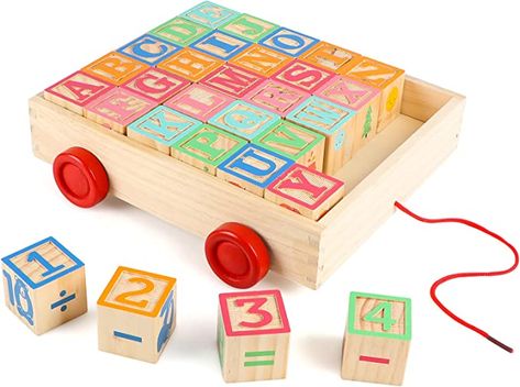 WOOD BLOCKS FOR TODDLERS: The 30-piece classic ABC/123 wooden blocks come in a pull wagon toy which measures 10.8*10.4*2.8 inches. Single blocks: 1.65*1.65*1.65 inches. Large enough to avoid choking hazard, Nice weight for toddlers to stack and knock down! While stacking these cubes up high, kids develop fine and gross motor skill and exercise balancing TOY WAGON INCLUDED: Wooden alphabet blocks come in a wagon, it's easy for kids to drag, carry and store the blocks in an organized way. The whee Wooden Abc Blocks, Blocks For Toddlers, Abc Blocks, Alphabet Blocks, Stacking Blocks, Abc For Kids, Melissa And Doug, Melissa & Doug, Block Toys