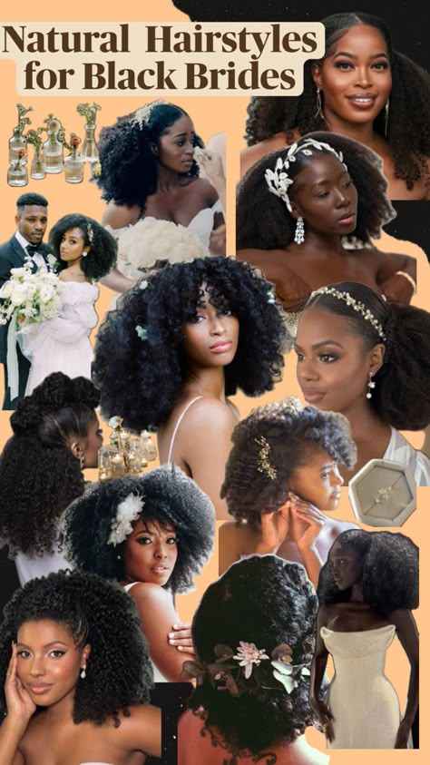 This shows natural hairstyles for Black Brides to be Natural Wedding Hairstyles Black Bride, Wedding Natural Hairstyles, Wedding Hairstyles For Black Brides, Hairstyles For Black Brides, Natural Bridal Hair, Wedding Hairstyles For Girls, Hairstyles For Bride, Natural Hair Bob, Curly Bridal Hair