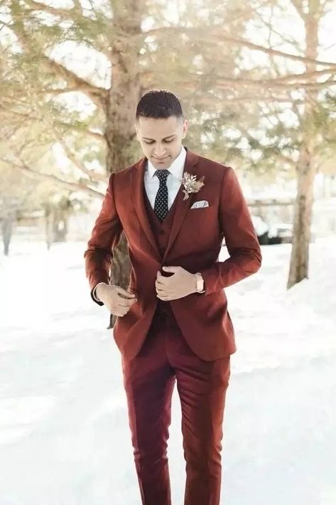 Three-Piece Rust Suit for Men - Vintage Rust Wedding Attire, Custom Tailored | eBay Deep Red Suit Men, Copper Suit Men, Rustic Wedding Suits For Men, Rust Groomsmen Attire, Red Groom Suit, Fall Wedding Groomsmen Attire, Wedding Suit Vintage, Burgundy Suit Wedding, Unique Groom Attire