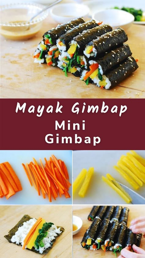 Mini Gimbap (Mayak Gimbap) on a board. How To Make Kimbap Step By Step, Folded Kimbap Recipe, Kimbap Recipe Vegetarian, Folded Gimbap Recipe, Triangle Kimbap Aesthetic, Kim Bap Recipe, Crab Kimbap, Korean Sushi Kimbap, Korean Sushi Recipes