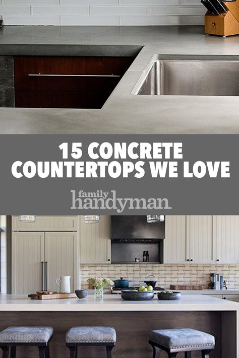 15 Concrete Countertops We Think are Really Cool Concrete Countertops Stained, Stained Concrete Countertops Kitchen, Dark Concrete Countertops, Unique Countertop Ideas, Cement Countertops Kitchen, Grey Concrete Countertops, Cheap Countertop Ideas, Kitchens With Concrete Countertops, Stained Concrete Countertops