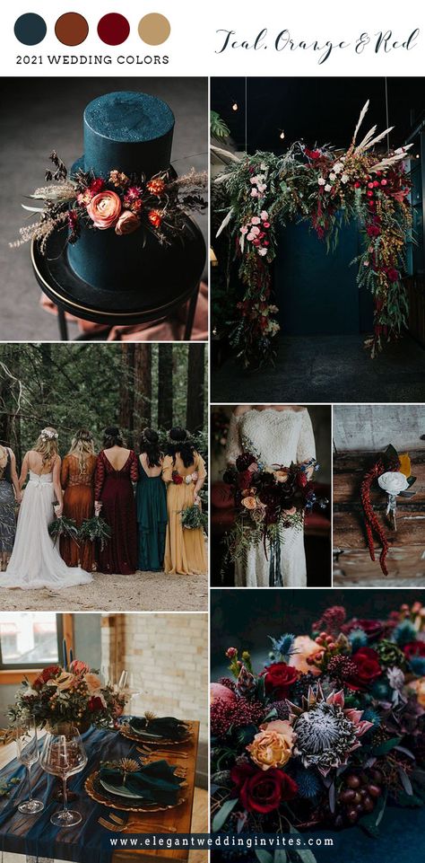 Black Red Teal Wedding, Black And Fall Wedding, Cozy Chic Wedding Colors, Purple And Burgundy Christmas Decor, Men's Fall Suits, Dark Color Wedding Dresses, Dark Teal And Yellow Wedding, Black And Dark Teal Wedding, Black Red And Blue Wedding